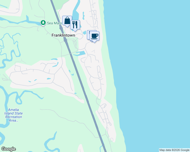 map of restaurants, bars, coffee shops, grocery stores, and more near 23 Beach Walker Road in Fernandina Beach