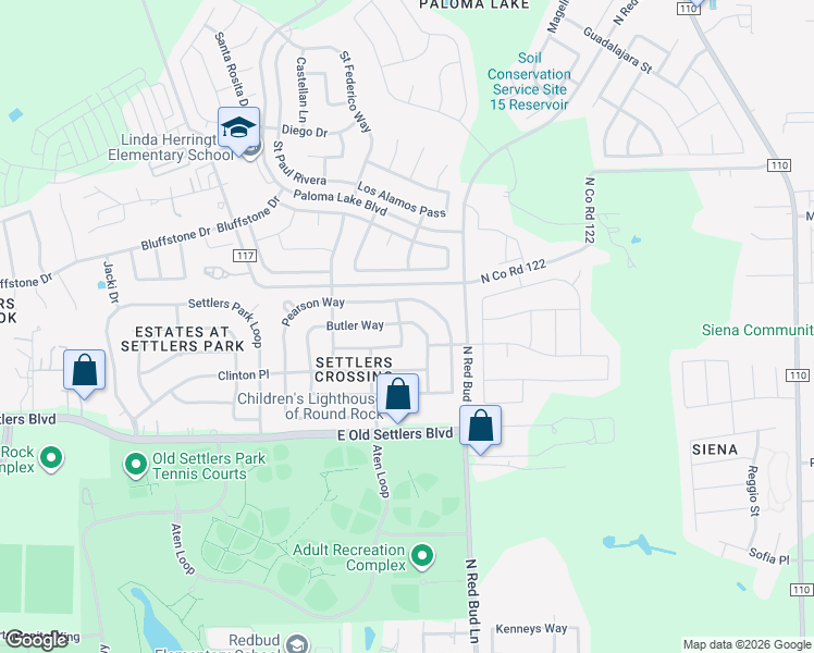map of restaurants, bars, coffee shops, grocery stores, and more near 2500 Butler Way in Round Rock