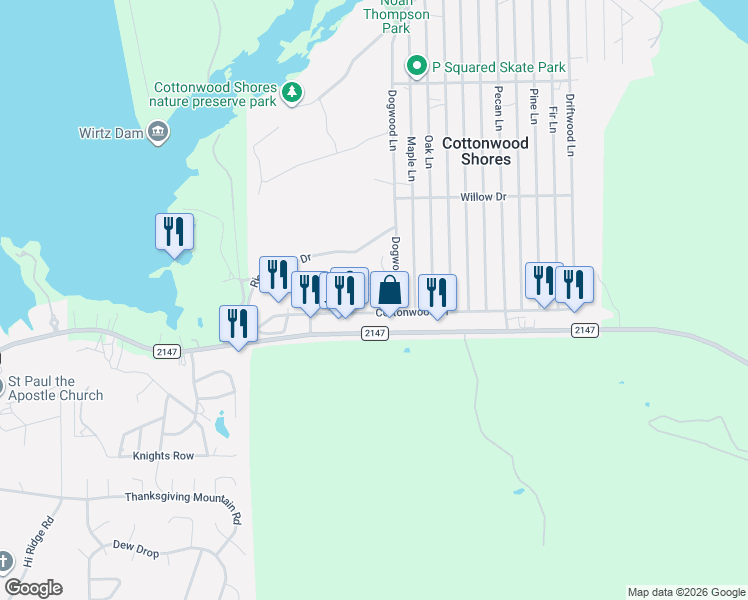 map of restaurants, bars, coffee shops, grocery stores, and more near 612 Dogwood Lane in Cottonwood Shores