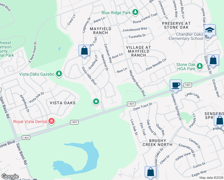 map of restaurants, bars, coffee shops, grocery stores, and more near 3501 Flora Vista Loop in Round Rock