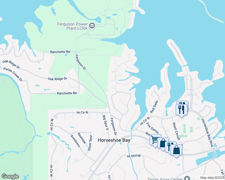 map of restaurants, bars, coffee shops, grocery stores, and more near 103 Running Bear in Horseshoe Bay