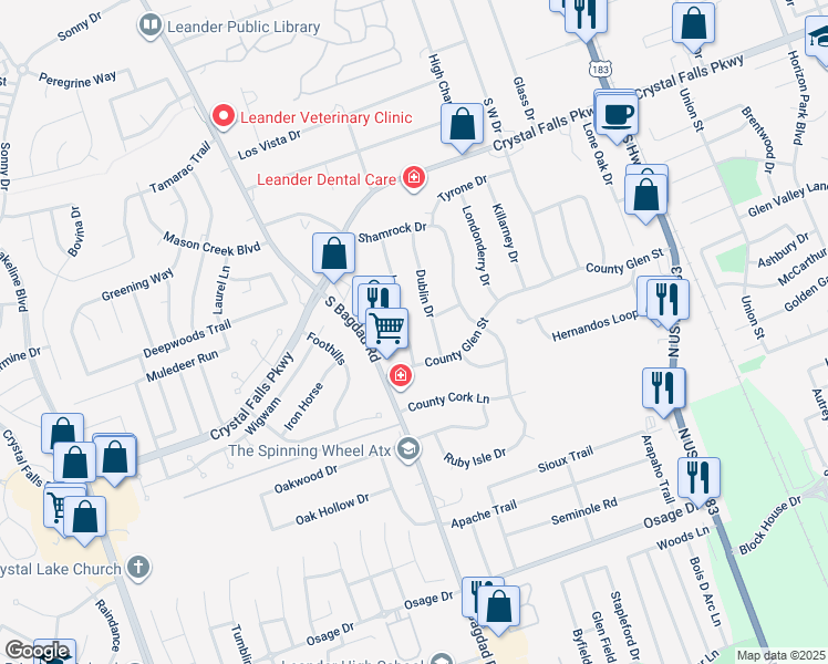 map of restaurants, bars, coffee shops, grocery stores, and more near 1907 Ireland Drive in Leander