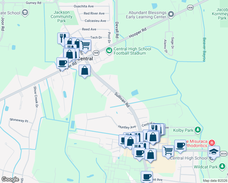 map of restaurants, bars, coffee shops, grocery stores, and more near 11248 Sullivan Road in Baton Rouge
