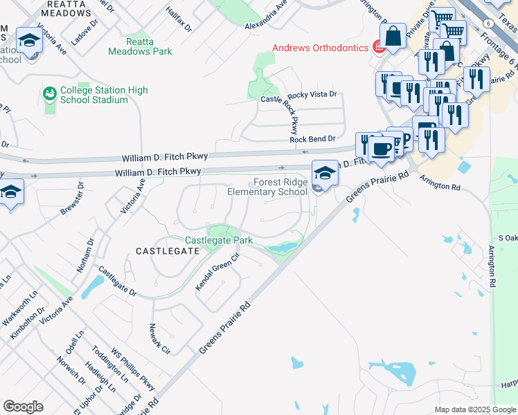 map of restaurants, bars, coffee shops, grocery stores, and more near 4419 Appleby Place in College Station