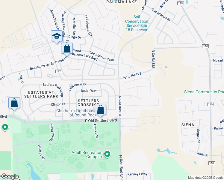 map of restaurants, bars, coffee shops, grocery stores, and more near 2535 Pearson Way in Round Rock