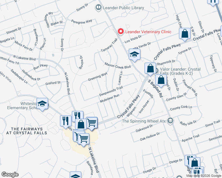 map of restaurants, bars, coffee shops, grocery stores, and more near 1401 Deepwoods Trail in Leander