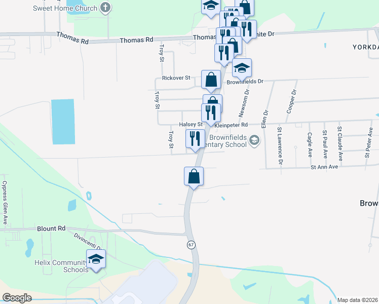 map of restaurants, bars, coffee shops, grocery stores, and more near 11508 Nimitz Street in Brownfields