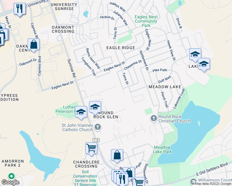 map of restaurants, bars, coffee shops, grocery stores, and more near 17 Indian Meadows Drive in Round Rock