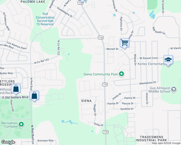 map of restaurants, bars, coffee shops, grocery stores, and more near 8050 County Road 110 in Round Rock