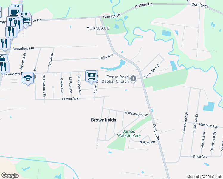 map of restaurants, bars, coffee shops, grocery stores, and more near 6972 Saint Mary Avenue in Baton Rouge