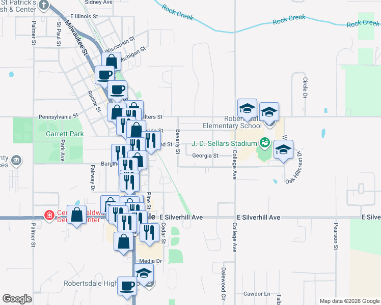 map of restaurants, bars, coffee shops, grocery stores, and more near 18781 Georgia Street in Robertsdale