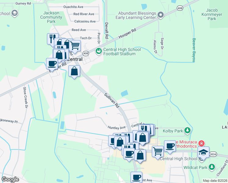 map of restaurants, bars, coffee shops, grocery stores, and more near 11248 Sullivan Road in Baton Rouge