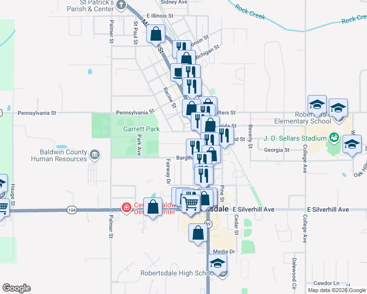 map of restaurants, bars, coffee shops, grocery stores, and more near 18300-18436 W Hammond St in Robertsdale
