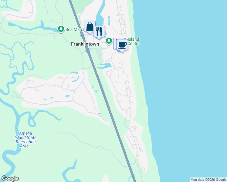 map of restaurants, bars, coffee shops, grocery stores, and more near 20 Beach Walker Road in Fernandina Beach