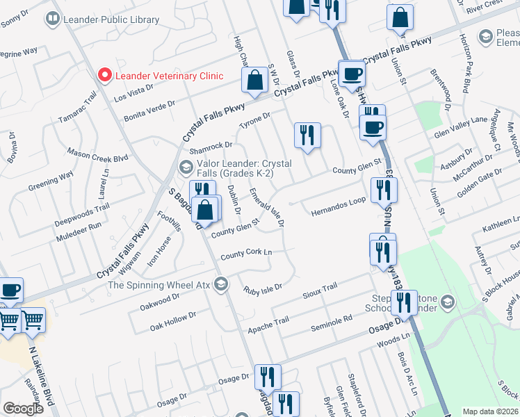 map of restaurants, bars, coffee shops, grocery stores, and more near 1915 Emerald Isle Drive in Leander