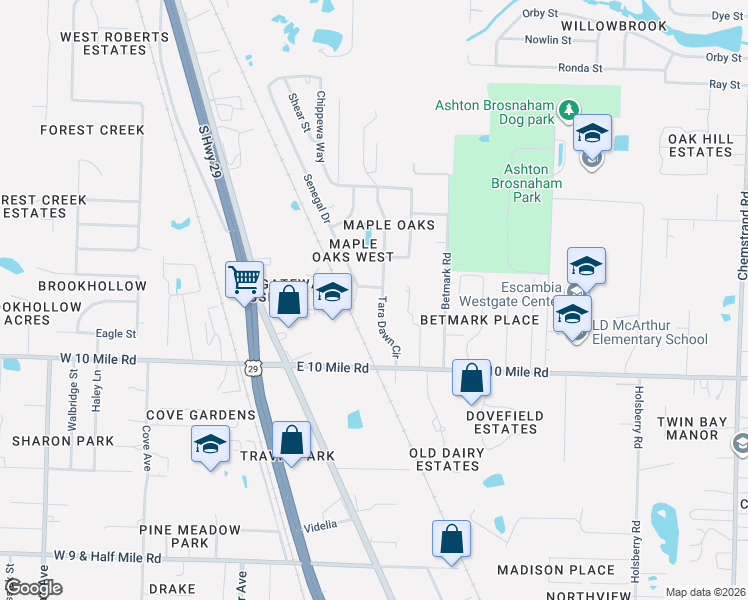 map of restaurants, bars, coffee shops, grocery stores, and more near 10571 Tara Dawn Circle in Pensacola