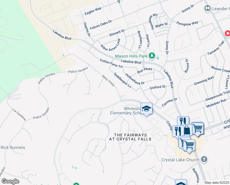 map of restaurants, bars, coffee shops, grocery stores, and more near 1705 Mira Vista in Leander