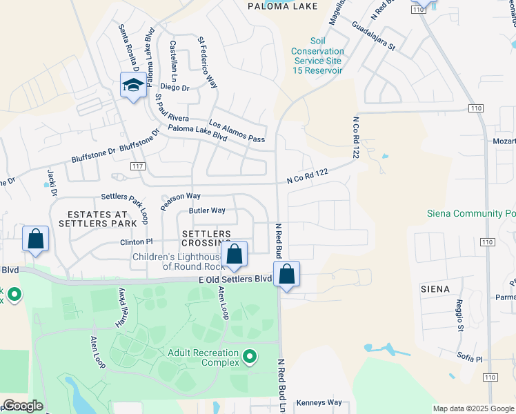 map of restaurants, bars, coffee shops, grocery stores, and more near 2535 Pearson Way in Round Rock
