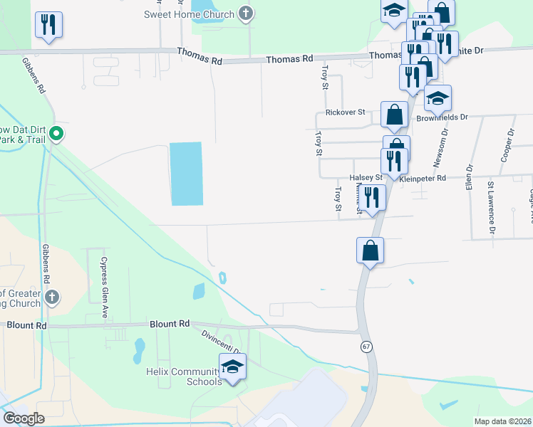 map of restaurants, bars, coffee shops, grocery stores, and more near 5001 Clark Street in Brownfields