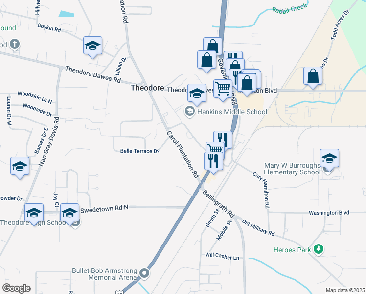 map of restaurants, bars, coffee shops, grocery stores, and more near 6759 Carol Plantation Road in Theodore