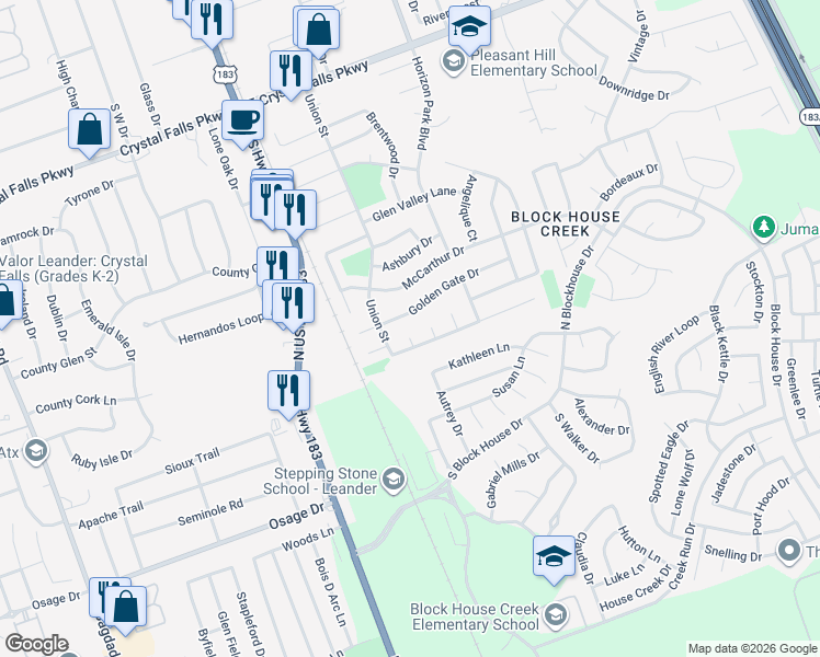 map of restaurants, bars, coffee shops, grocery stores, and more near 2200 Trolley Cove in Leander