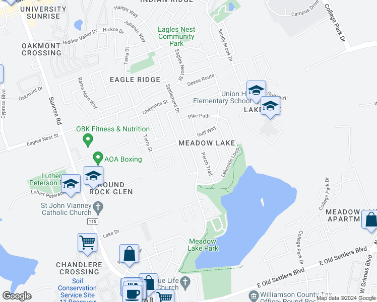 map of restaurants, bars, coffee shops, grocery stores, and more near 3318 Settlement Drive in Round Rock