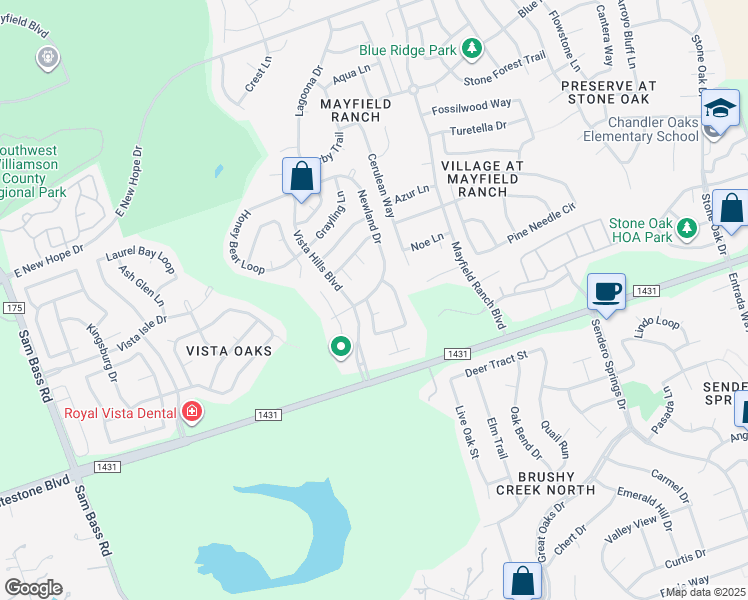 map of restaurants, bars, coffee shops, grocery stores, and more near 3501 Flora Vista Loop in Round Rock