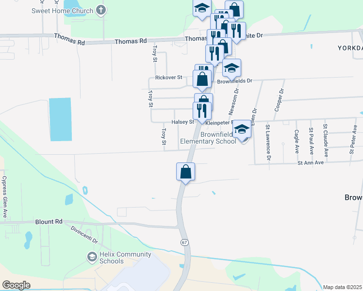 map of restaurants, bars, coffee shops, grocery stores, and more near 11508 Nimitz Street in Brownfields
