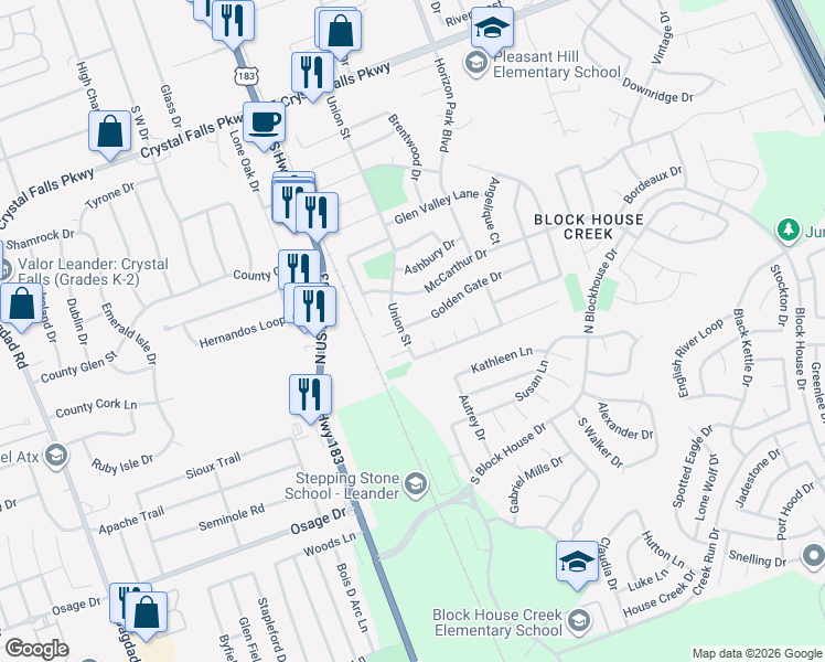 map of restaurants, bars, coffee shops, grocery stores, and more near 2200 Trolley Cove in Leander