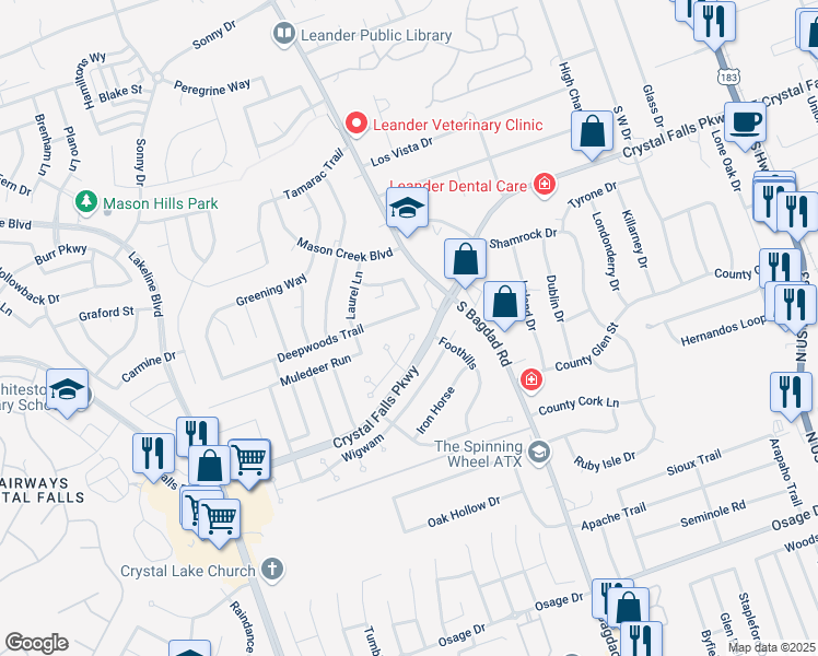 map of restaurants, bars, coffee shops, grocery stores, and more near 1101 Sedona in Leander