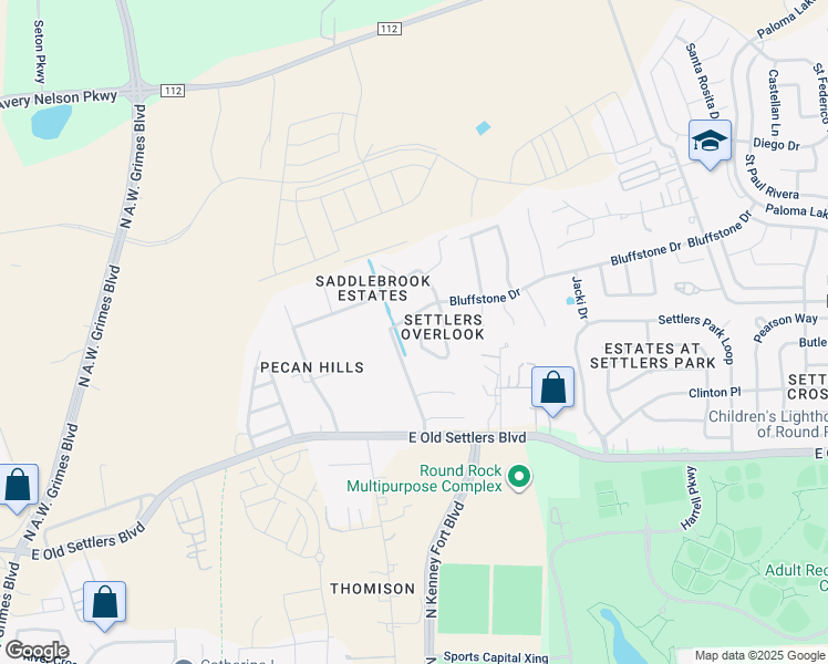 map of restaurants, bars, coffee shops, grocery stores, and more near 2845 Deerfern Lane in Round Rock