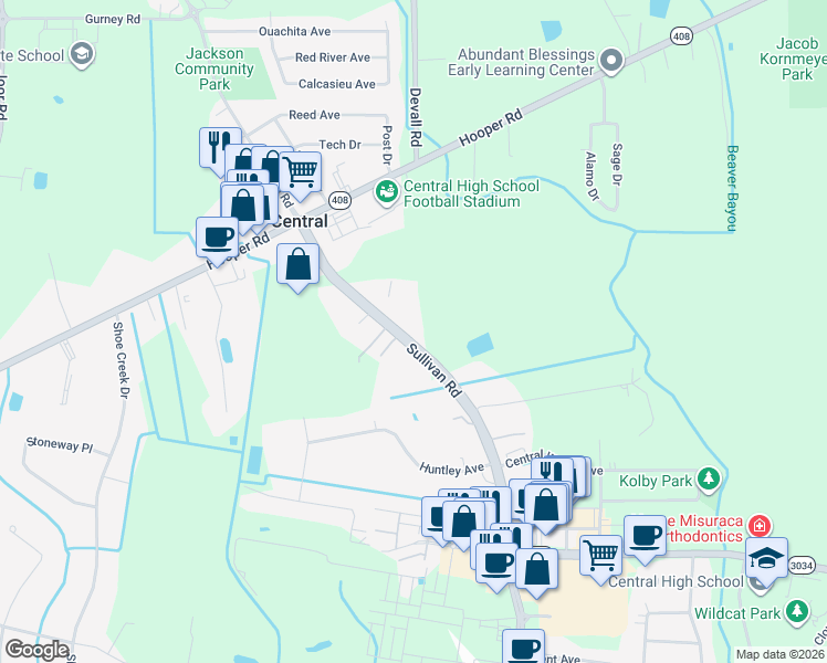 map of restaurants, bars, coffee shops, grocery stores, and more near 11248 Sullivan Road in Baton Rouge