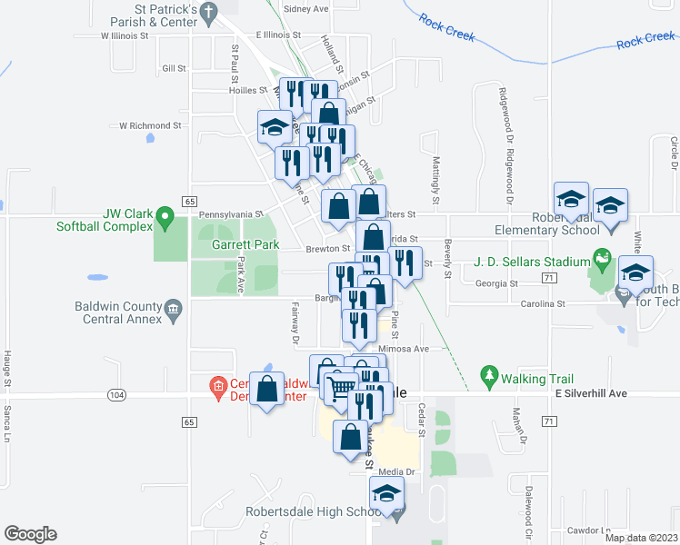 map of restaurants, bars, coffee shops, grocery stores, and more near 18436 West Hammond Street in Robertsdale