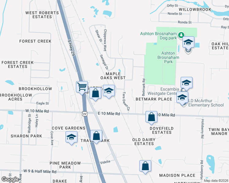 map of restaurants, bars, coffee shops, grocery stores, and more near 10359 Chinaberry Court in Pensacola