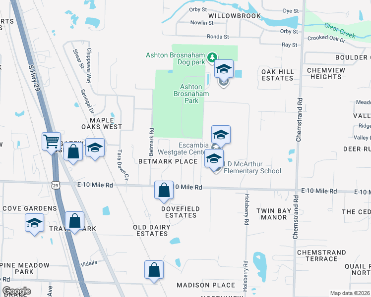 map of restaurants, bars, coffee shops, grocery stores, and more near 1146 Camaree Place in Pensacola
