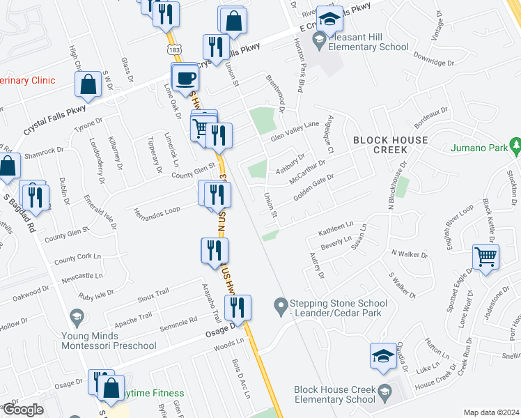 map of restaurants, bars, coffee shops, grocery stores, and more near 105 Golden Gate Drive in Leander