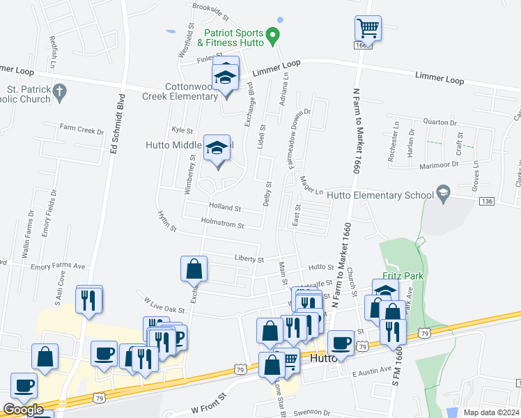map of restaurants, bars, coffee shops, grocery stores, and more near 203 Delby Street in Hutto