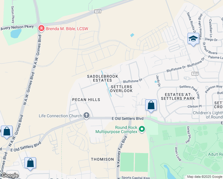 map of restaurants, bars, coffee shops, grocery stores, and more near 2315 Bluffstone Drive in Round Rock