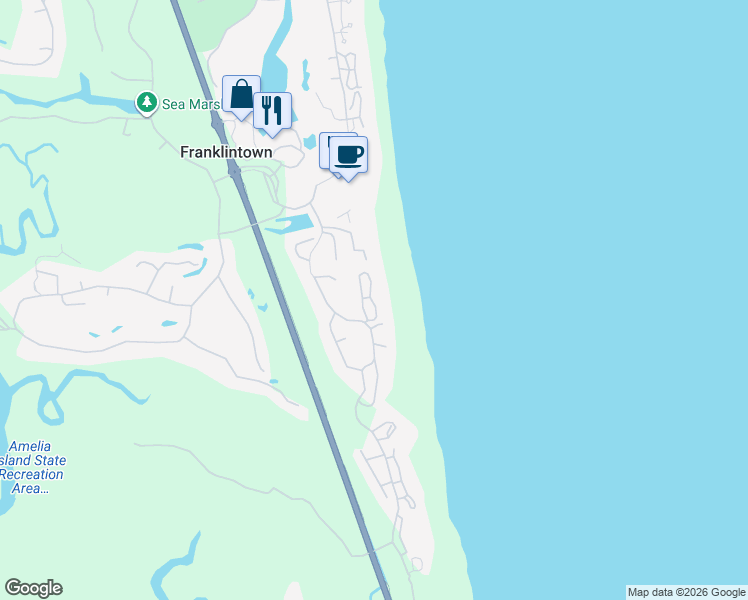 map of restaurants, bars, coffee shops, grocery stores, and more near 23 Beach Walker Road in Fernandina Beach