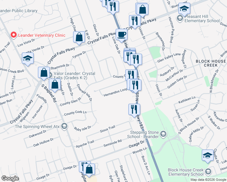 map of restaurants, bars, coffee shops, grocery stores, and more near 417 Hernandos Loop in Leander