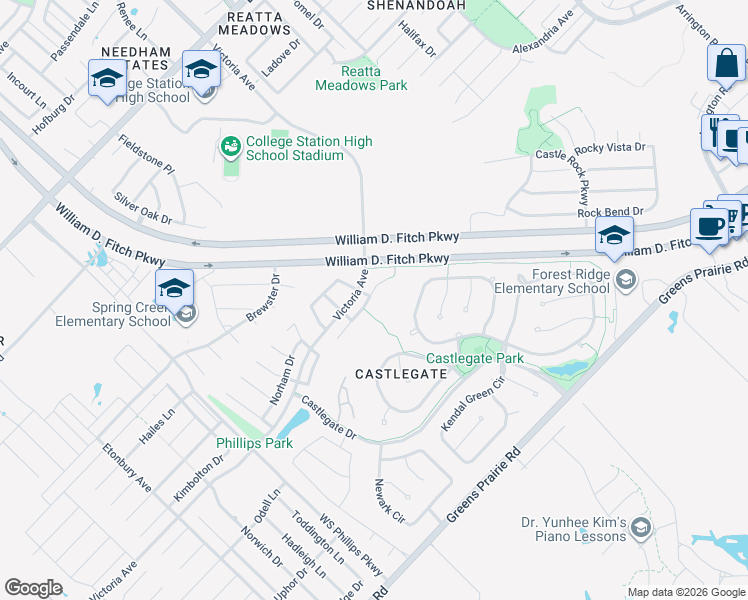 map of restaurants, bars, coffee shops, grocery stores, and more near 2220 Carlisle Court in College Station