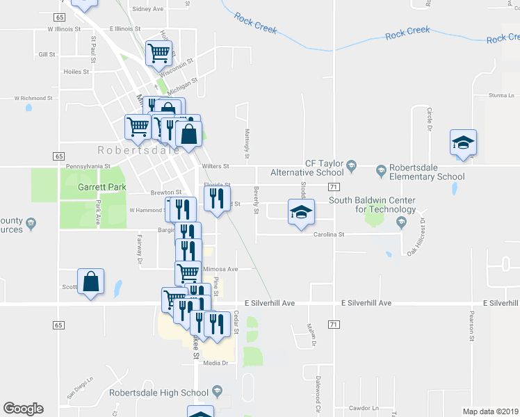 map of restaurants, bars, coffee shops, grocery stores, and more near 22350 Beverly Street in Robertsdale