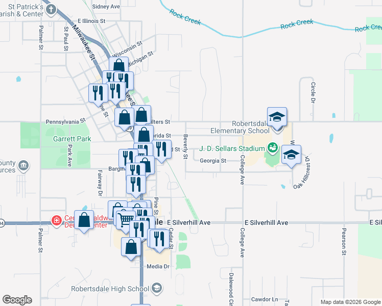 map of restaurants, bars, coffee shops, grocery stores, and more near 18781 Georgia St in Robertsdale