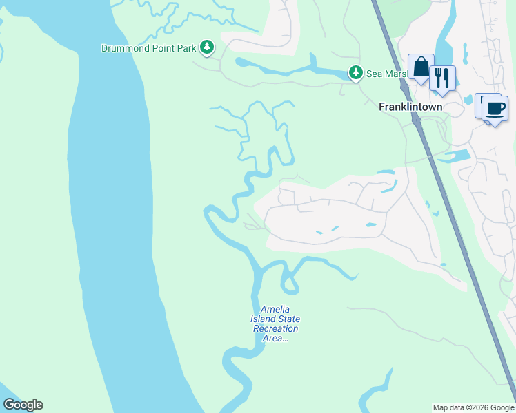 map of restaurants, bars, coffee shops, grocery stores, and more near 74 Marsh Creek Road in Fernandina Beach
