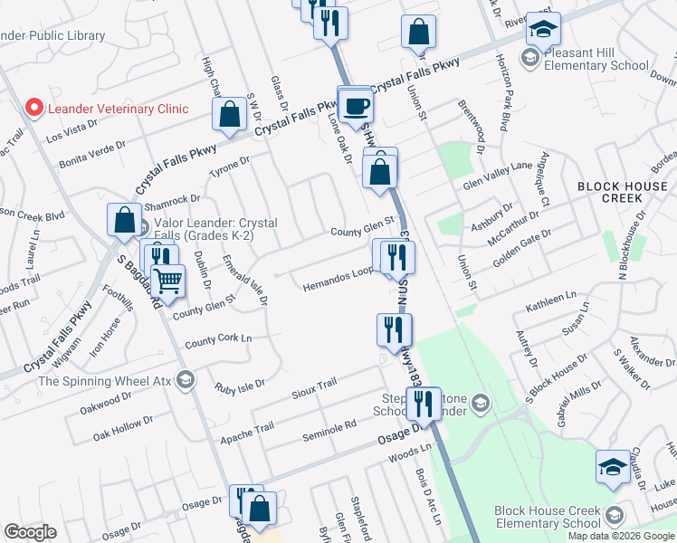 map of restaurants, bars, coffee shops, grocery stores, and more near 417 Hernandos Loop in Leander