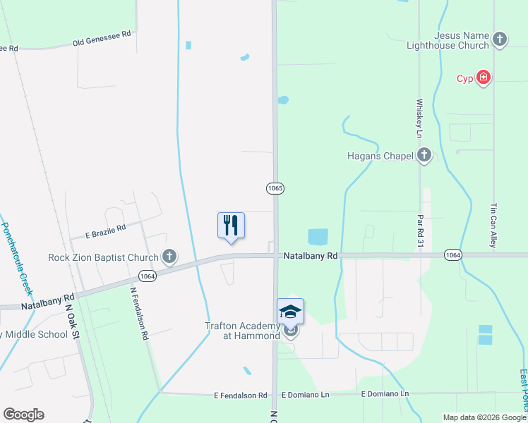 map of restaurants, bars, coffee shops, grocery stores, and more near 48071 Louisiana 1065 in Tickfaw