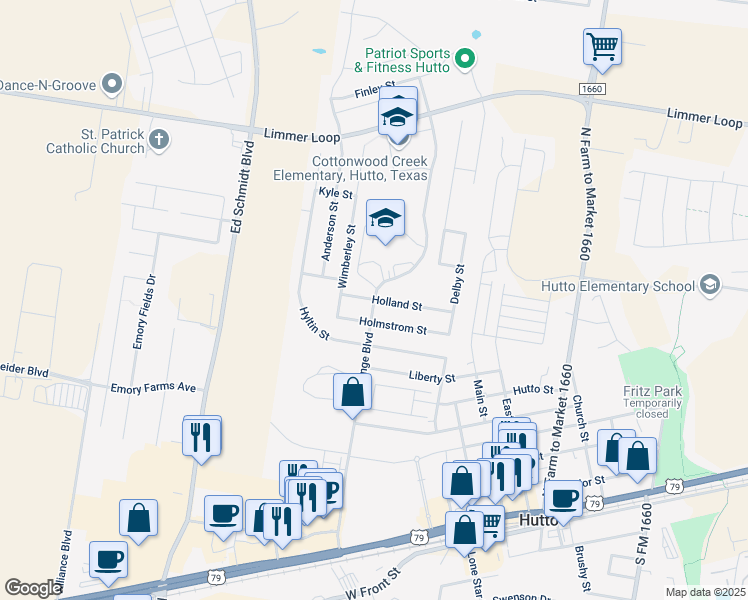 map of restaurants, bars, coffee shops, grocery stores, and more near 1005 Exchange Boulevard in Hutto
