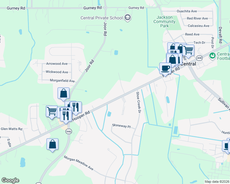 map of restaurants, bars, coffee shops, grocery stores, and more near 12493 Hooper Road in Baton Rouge