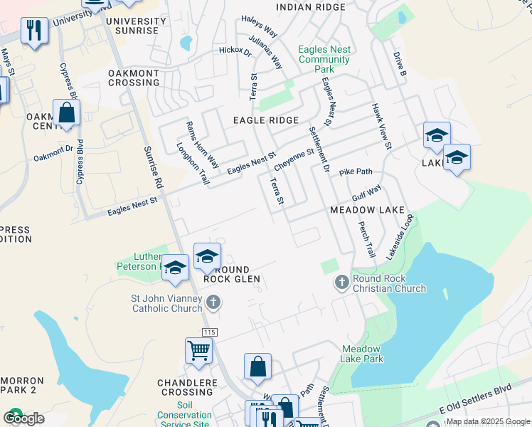 map of restaurants, bars, coffee shops, grocery stores, and more near 17 Indian Meadows Drive in Round Rock