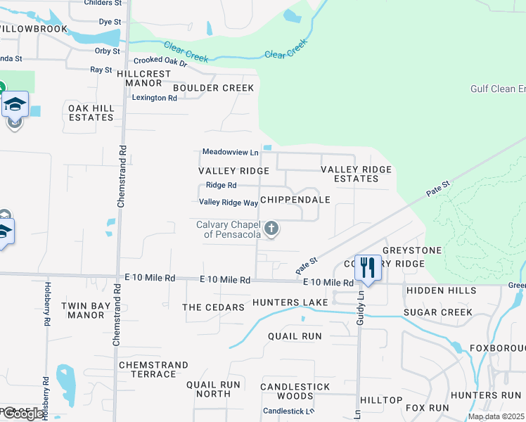 map of restaurants, bars, coffee shops, grocery stores, and more near 10520 Motley Court in Pensacola